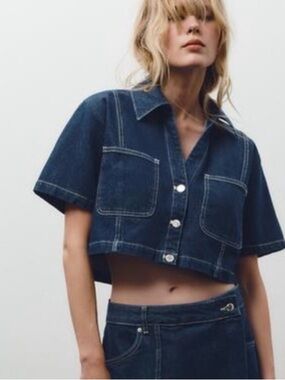 Zara Dark Blue Cropped Denim Button-Up